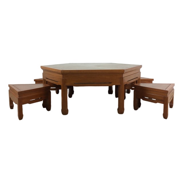 Mid Century Modern Solid Teak Tea Table With Four Stools For Sale