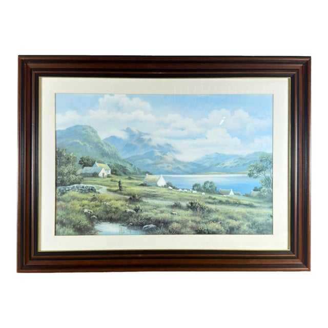 Vintage Large Framed Print of Scottish Highlands and Loch For Sale