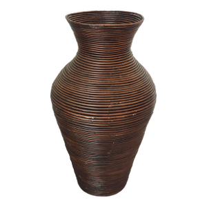 Monumental ‘Gabriella Crespi’ Style Mid-Century Coastal Pencil Reed Rattan Coiled Floor Vase, Urn