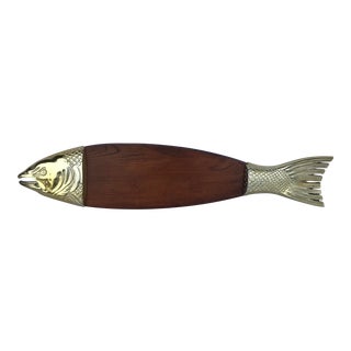 Brass & Wood Fish Serving Plater Cutting Board For Sale