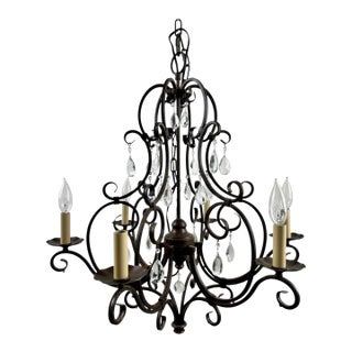 Late 20th Century French Art Nouveau Style Metal & Crystal 6 Light Scroll Chandelier For Sale