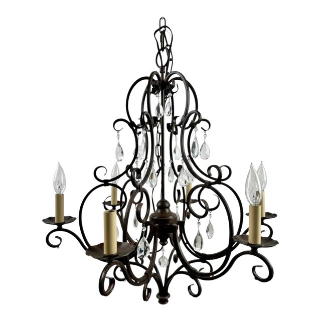 Late 20th Century French Art Nouveau Style Metal & Crystal 6 Light Scroll Chandelier For Sale