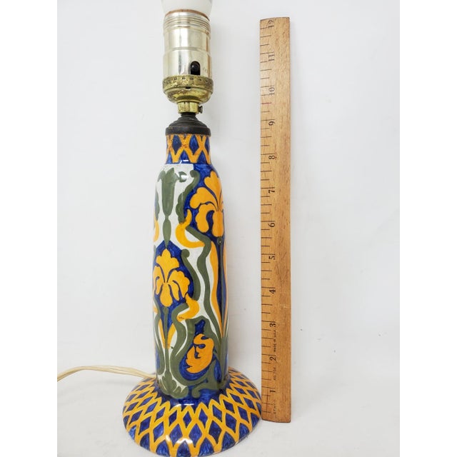 Orange Antique Jules Verlingue Faience Lamp - Hand Painted Irises - 9" Tall -Signed Jv - France For Sale - Image 8 of 13