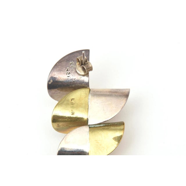 Vintage 2 Tone Brass and Silver Pierced Zig Zag Sculptural Dangle Earrings Pair Of For Sale - Image 4 of 9