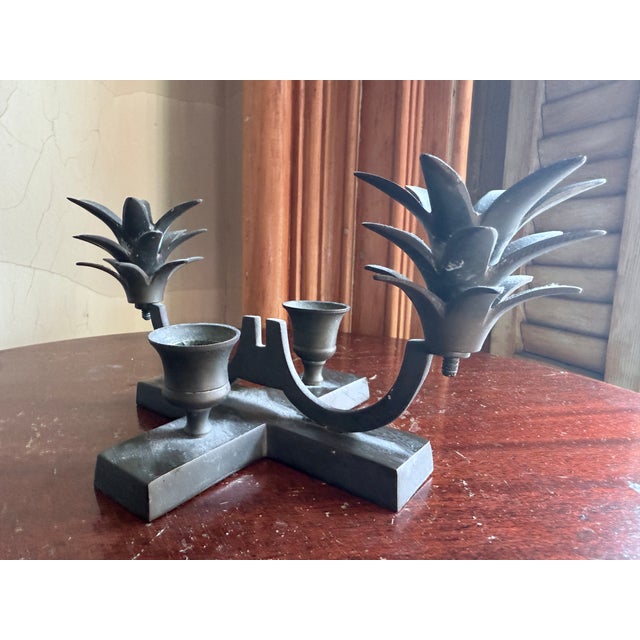 Metal Mid Century Candelabra Pineapple Lotus Hollywood Regency Bronze Tone Metal For Sale - Image 7 of 9