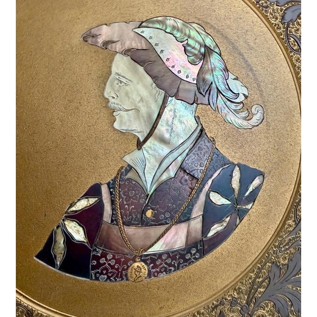 Kayser Sohn, Renaissance Figures – Pair of Decorative Inlaid Mother of Pearl and Tortoiseshell Corviniello Chargers 11 3/8", Dated 1884 For Sale In Philadelphia - Image 6 of 17