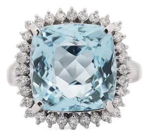 10.04 Carat Aquamarine Cushion Checkerboard Cut & Diamond Halo Platinum Ring, Size 6.5
