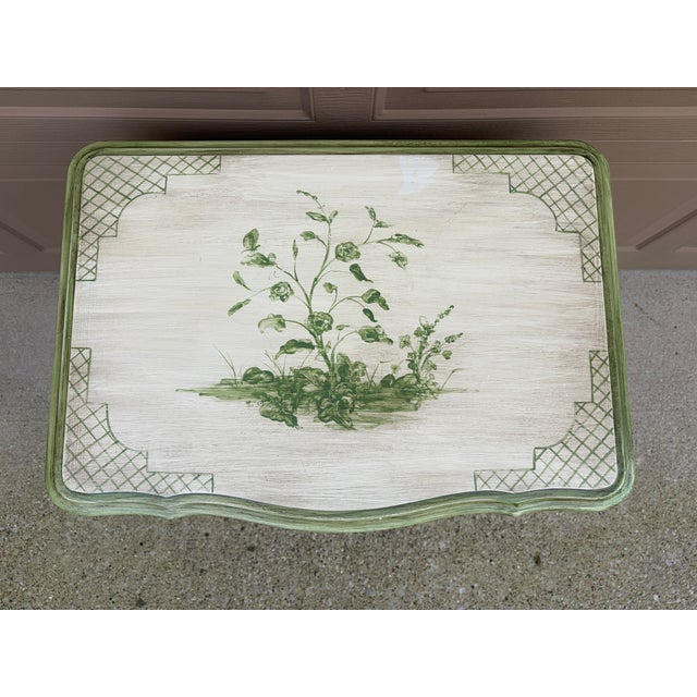 Mid 20th Century Vintage French Provincial Cream & Sage Green Painted Nightstand With Botanical Decoration For Sale - Image 5 of 14