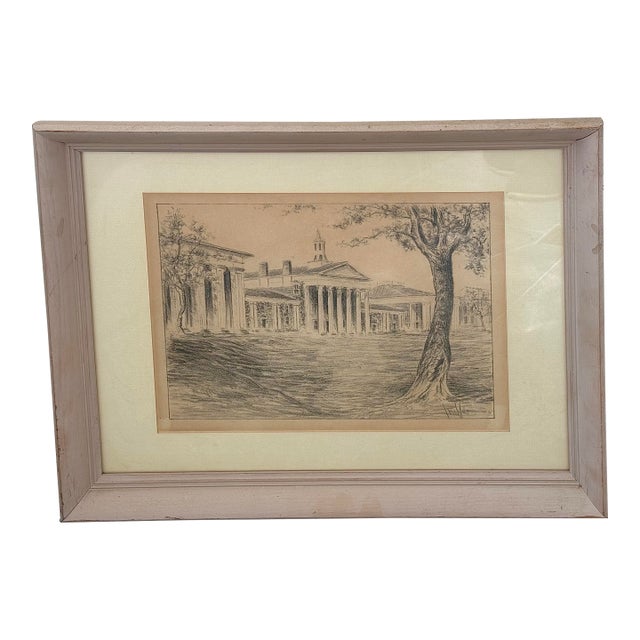 Vintage Charcoal Sketch of Washington and Lee University’s Main Building and Colonnade in Lexington, Virginia, Artist Signed For Sale