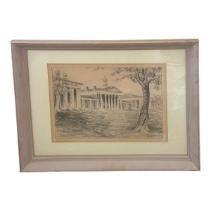 Vintage Charcoal Sketch of Washington and Lee University’s Main Building and Colonnade in Lexington, Virginia, Artist Signed