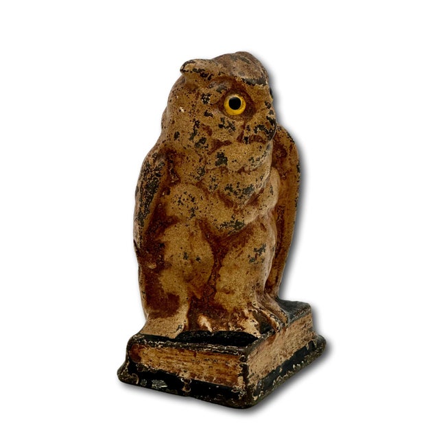 Unusual Antique American Cast Iron Wise Old Owl Sitting on a Book Figurative Doorstop - Circa 1920s. For Sale - Image 12 of 18