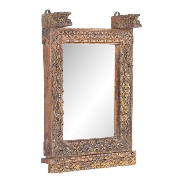 Antique Indian Carved and Painted Teakwood Window – Mirror For Sale
