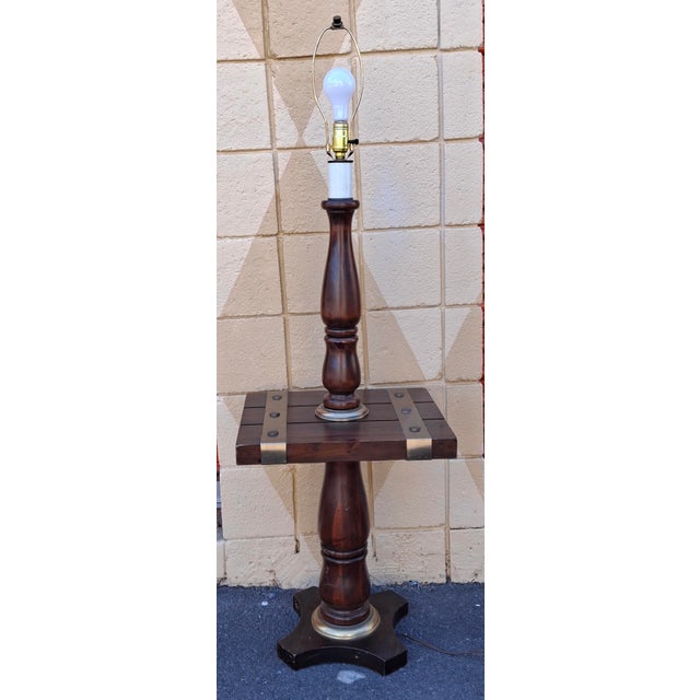 Mid Century Antiqued Pine Floor Lamp With Brass Accents For Sale - Image 10 of 11