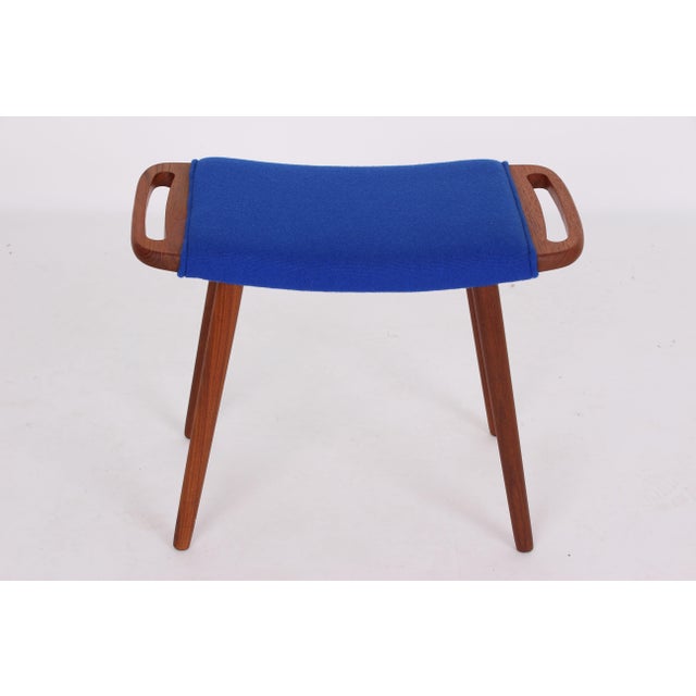 Teak Stool with Blue Wool Cover, 1950s For Sale - Image 10 of 10