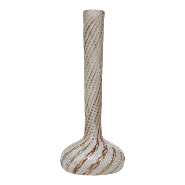 Vintage Murano Fratelli Toso White Copper Aventurine Ribbons Italian Art Glass Soliflore Flower Vase For Sale