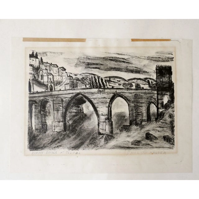Vintage Mid Century Roman Bridge Toledo Spain Lithograph For Sale - Image 4 of 5
