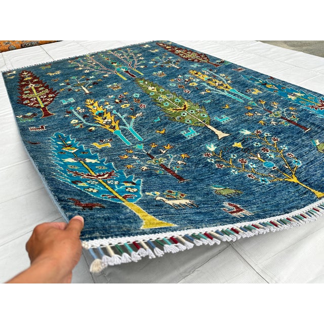 Blue Afghan Pictorial Tree of Life Hand-Knotted Wool Rug - 7'10" X 5'9" For Sale - Image 4 of 11