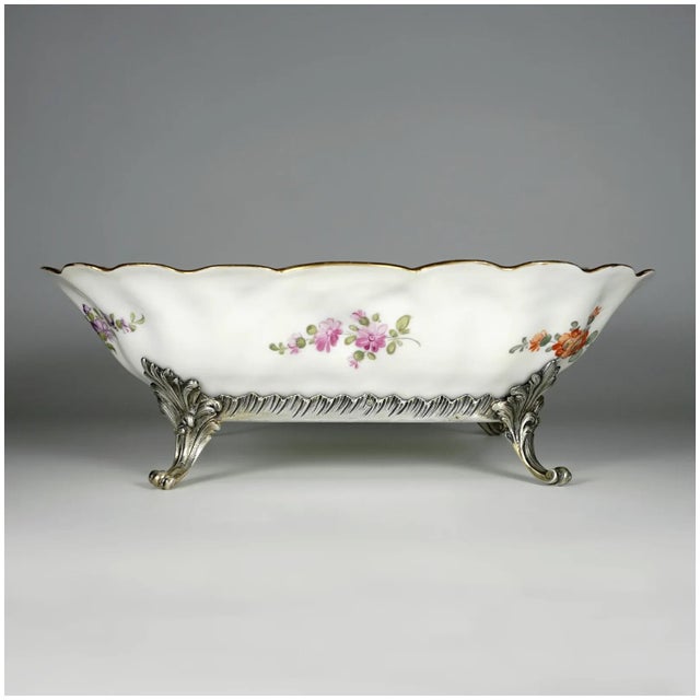 Antique French Sterling Silver & Continental Porcelain Bowl Hand Painted Flowers Gilt Scalloped Rim For Sale - Image 4 of 11