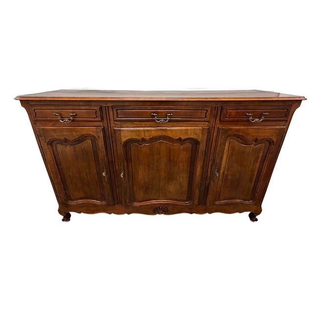 French Provincial Antique Louis XV Style French Provincial Walnut Enfilade Buffet Cabinet For Sale - Image 3 of 17