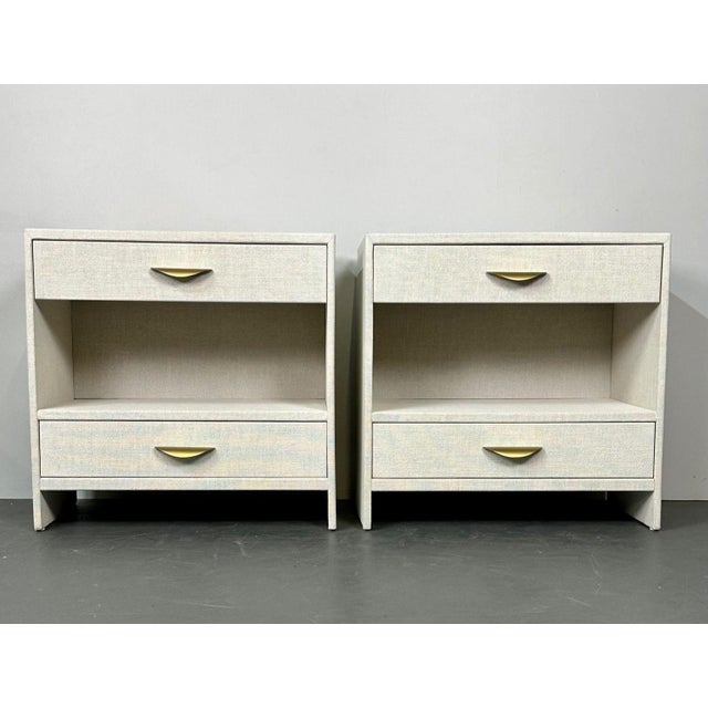 Pair Custom Linen Wrapped Open Commodes, Chests, Nightstands, White, American For Sale In New York - Image 6 of 18
