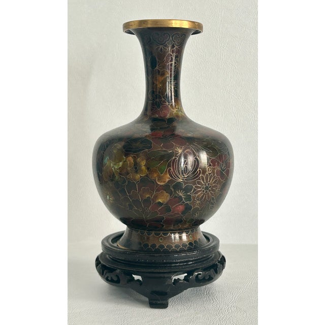 Vintage Cloisonné Vase Earth Tones With Carved Wooden Base For Sale - Image 9 of 16