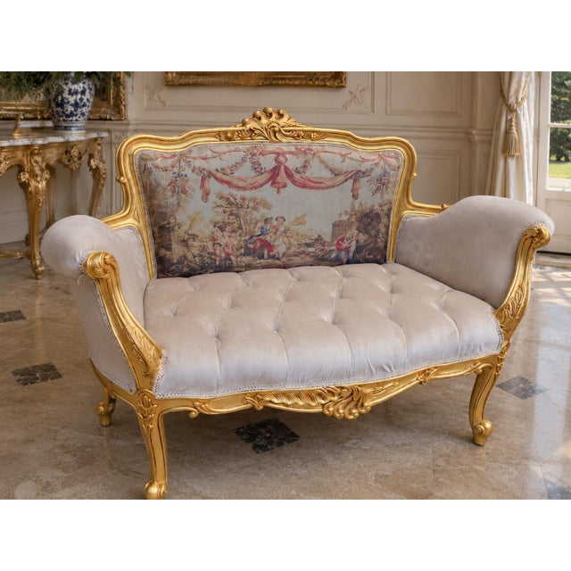 This elegant late 20th-century French Louis XVI–style settee combines refined neoclassical form with romantic textile...