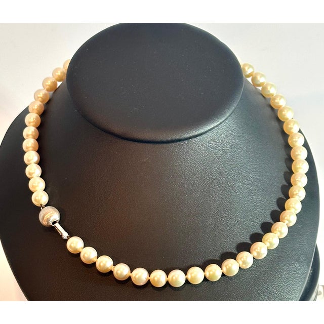 Contemporary Vintage Cultured Akoya Pearl Necklace Length 18" , 18 Karat White Gold Clasp For Sale - Image 3 of 18
