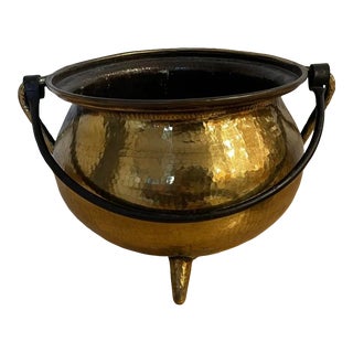 Vintage Large Hammered Brass Cauldron Pot Planter Bucket For Sale