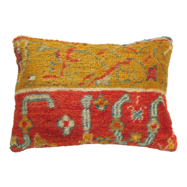 Coral Gold Early 20th Century Wool Antique Oushak Border Large Rug Pillow For Sale