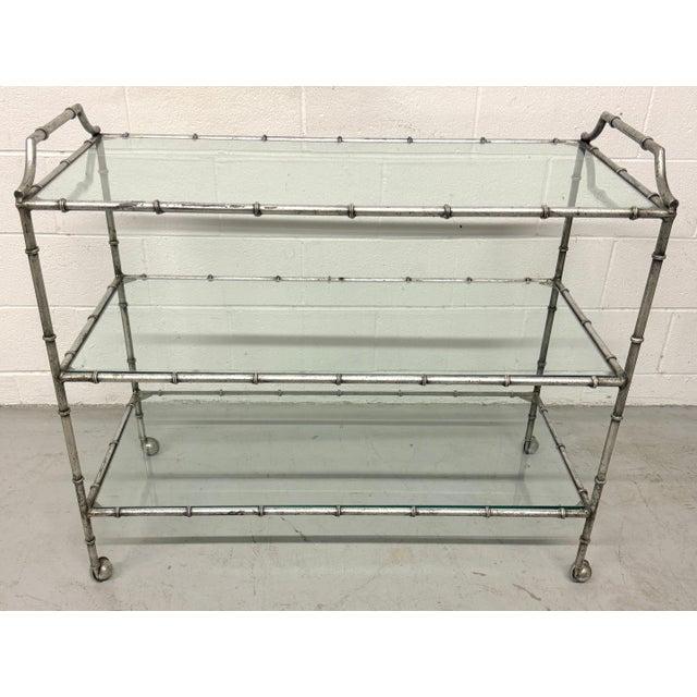 Mid 20th Century Large 3-Tiered Maison Jansen Faux Bois Silver-Leaf Trolley/ Bar Cart For Sale - Image 5 of 18