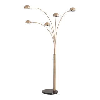 Quinto Arc Lamp - Weathered Brass Steel, Black Marble Base, Mushroom Shade, Dimmable For Sale