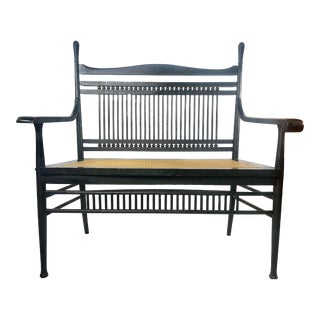 Antique Farmhouse Spindle Caned Armed Bench For Sale