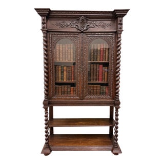 Antique French Louis XIII Style Bookcase Display Cabinet Barley Twist Oak c.1880 For Sale