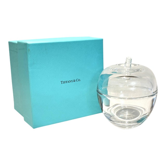 Tiffany and Co Crystal Apple Trinket Jar Covered Dish With Original Box For Sale