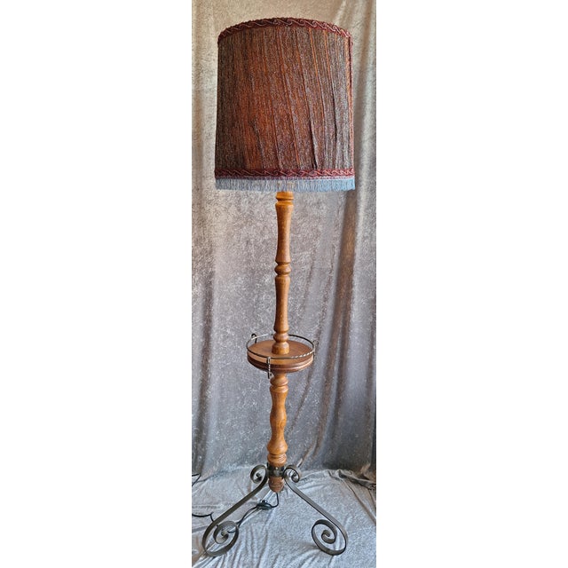 Wood Vintage Floor Lamp with Oak Column, Black Metal Legs and Fabric Shade by Lamplove, 1960s For Sale - Image 7 of 7