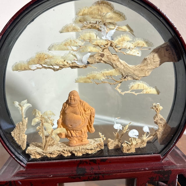 1970s Vintage Asian Hand Carved Stork Scene in Round Glass Display Shadow Box For Sale - Image 5 of 10