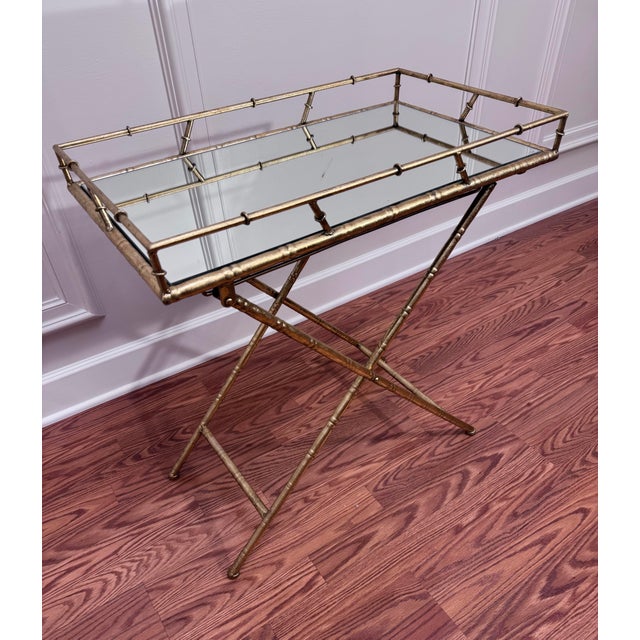 Hollywood Regency Vintage Hollywood Regency Faux Bamboo Gold Finish Mirror Collapsible Tray Table For Sale - Image 3 of 12