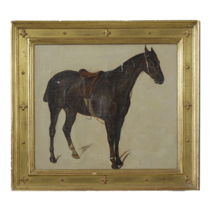 Antique Equestrian Oil Painting of a Saddled Horse in Gilded Frame