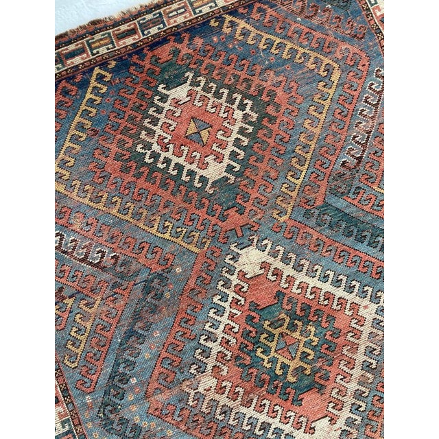Antique with Ram Horn Outlined Diamonds with Terracotta, Emerald Green, & Wheat Hues Caucasian Rug 4.4 x 6.4 For Sale - Image 14 of 16