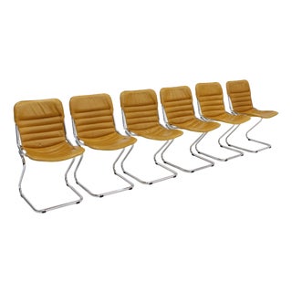 Vintage Chrome and Leather Dining Room Chairs, 1970s, Set of 6 For Sale