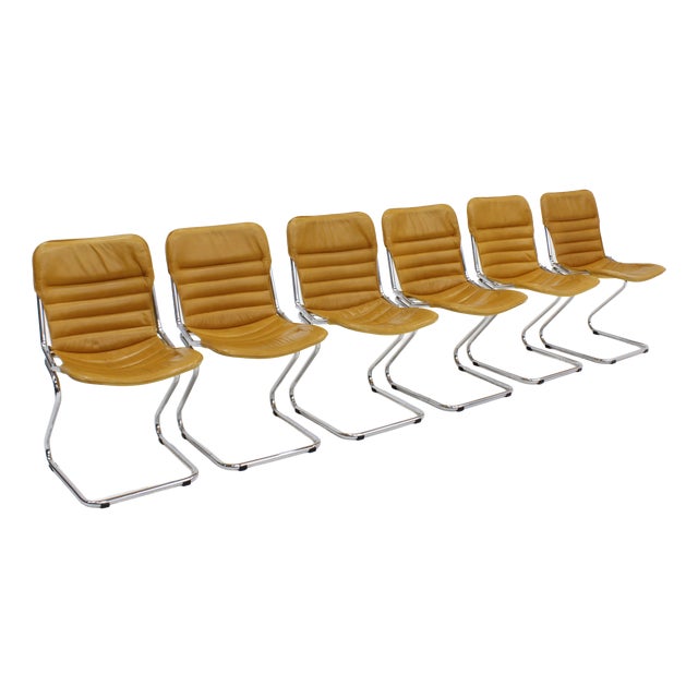 Vintage Chrome and Leather Dining Room Chairs, 1970s, Set of 6 For Sale