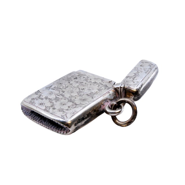 Metal Victorian Silver Matchbox with Plant Motifs Surrounding Monogram Card and Suspension Ring For Sale - Image 7 of 7