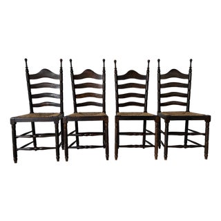 Vintage French Country Style Oak Ladder Back Rush Seat Dining Chairs – Set of 4 For Sale