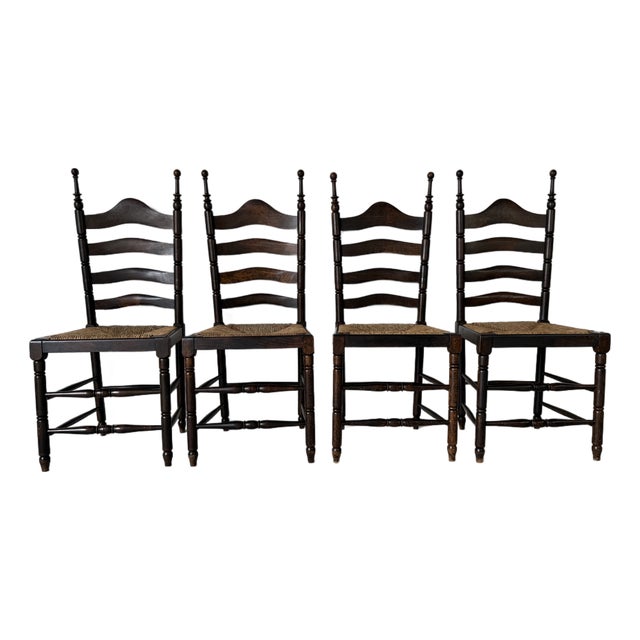 Vintage French Country Style Oak Ladder Back Rush Seat Dining Chairs – Set of 4 For Sale