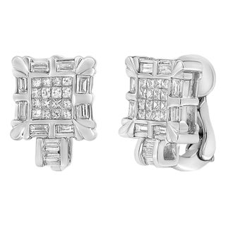 14K White Gold 1.0 Cttw Princess and Baguette-Cut Diamond Square Framed Huggie Hoop Omega Earrings, A Pair For Sale