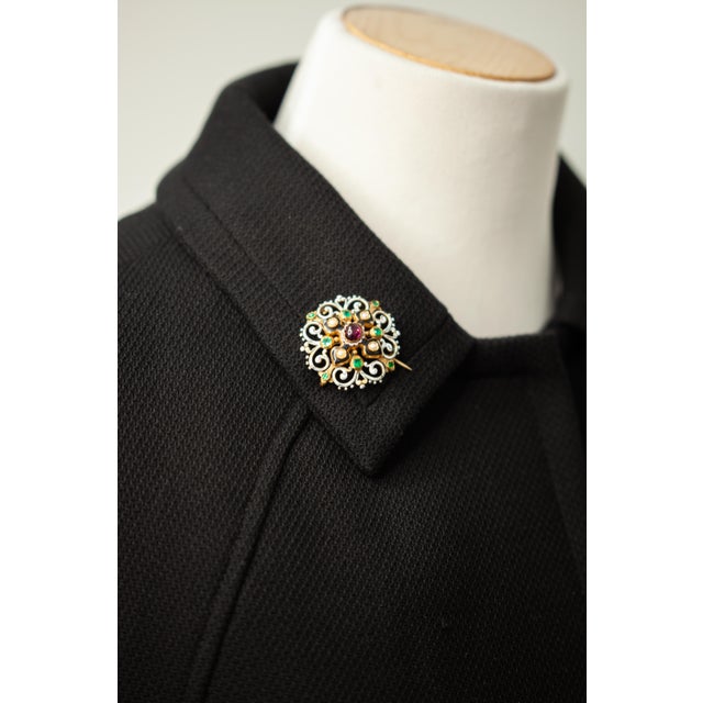 19th C. Victorian French 18K yellow gold emerald enamel pearl brooch set with 1 cabochon rubellite 8 emerald cut emeralds...