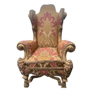 Vintage Venetian Rococo Giltwood High-Back Wingback Armchair 55” For Sale