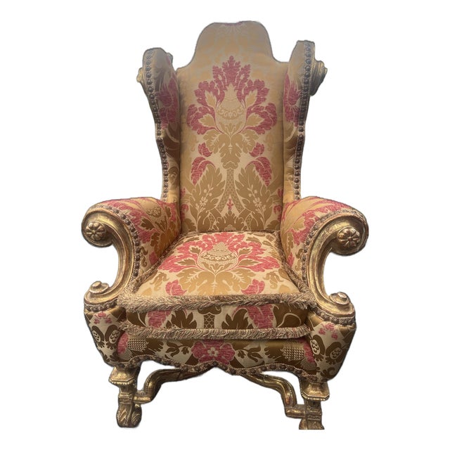Vintage Venetian Rococo Giltwood High-Back Wingback Armchair 55” For Sale