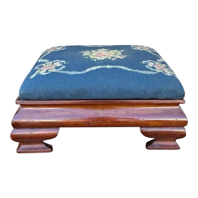 Antique American Empire Mahogany Flower Needlepoint Small Ottoman For Sale