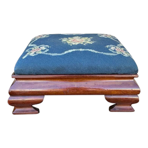Antique American Empire Mahogany Flower Needlepoint Small Ottoman